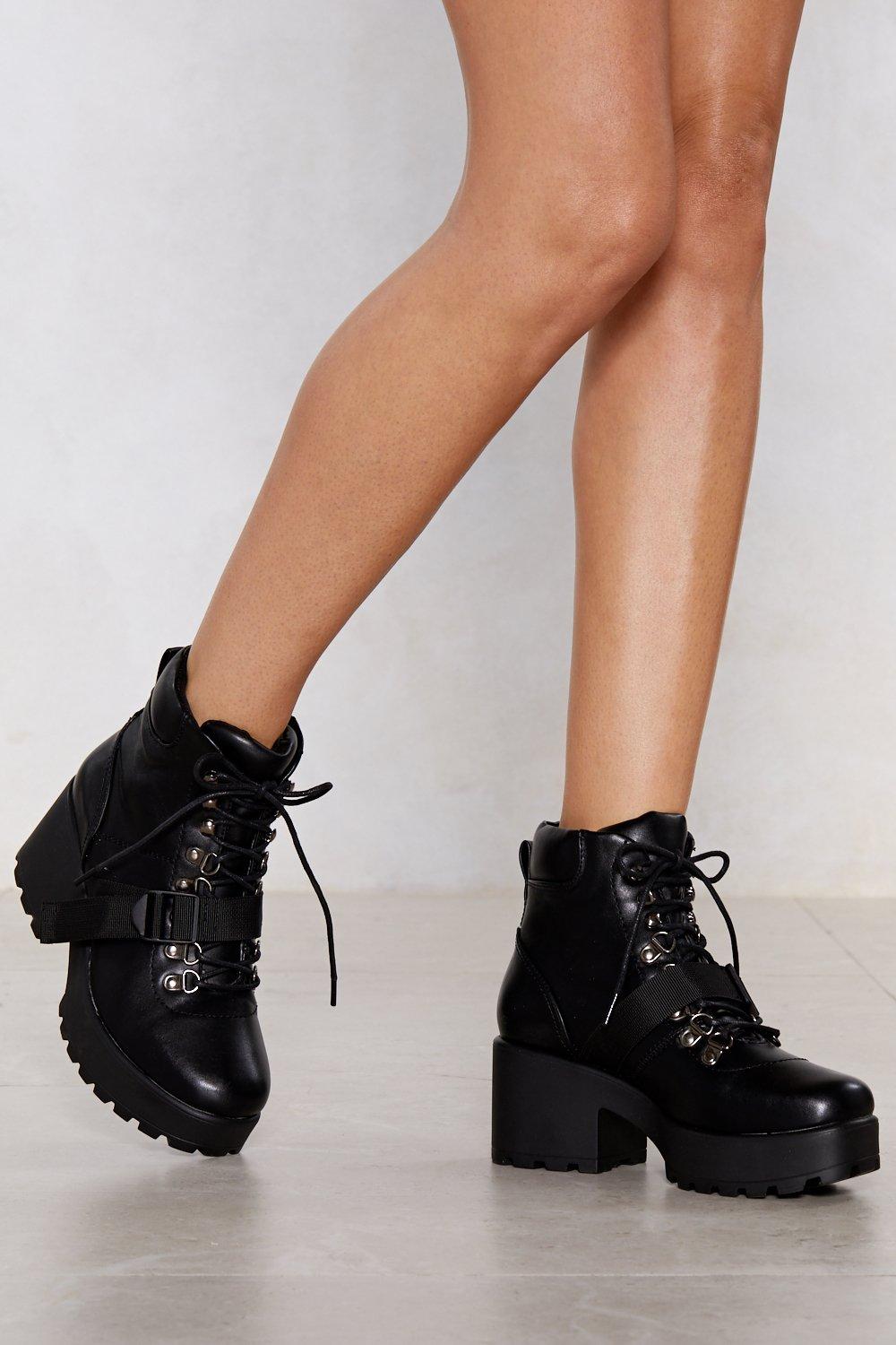 Faux Leather Strappy Block Heel Boots Nasty Gal