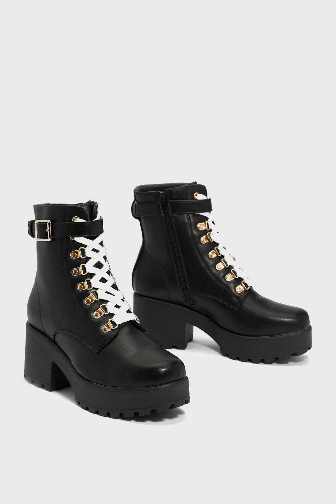 Black Faux Leather Lace Up Chunky Boots image number 1