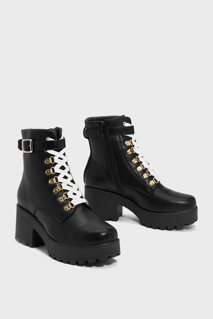 Faux Leather Lace Up Chunky Boots