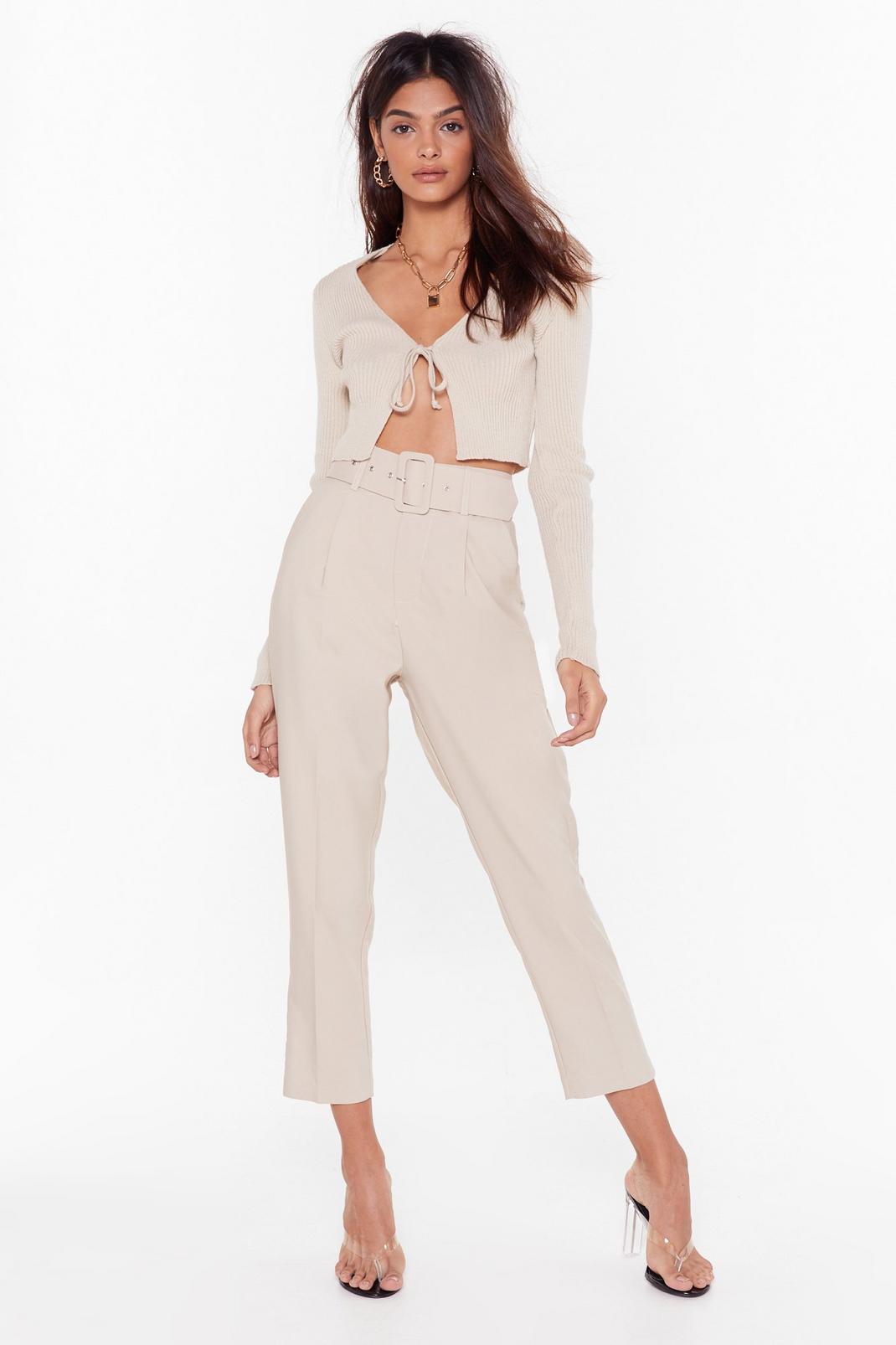 Beige Cropped Belted Tailored Pants image number 1