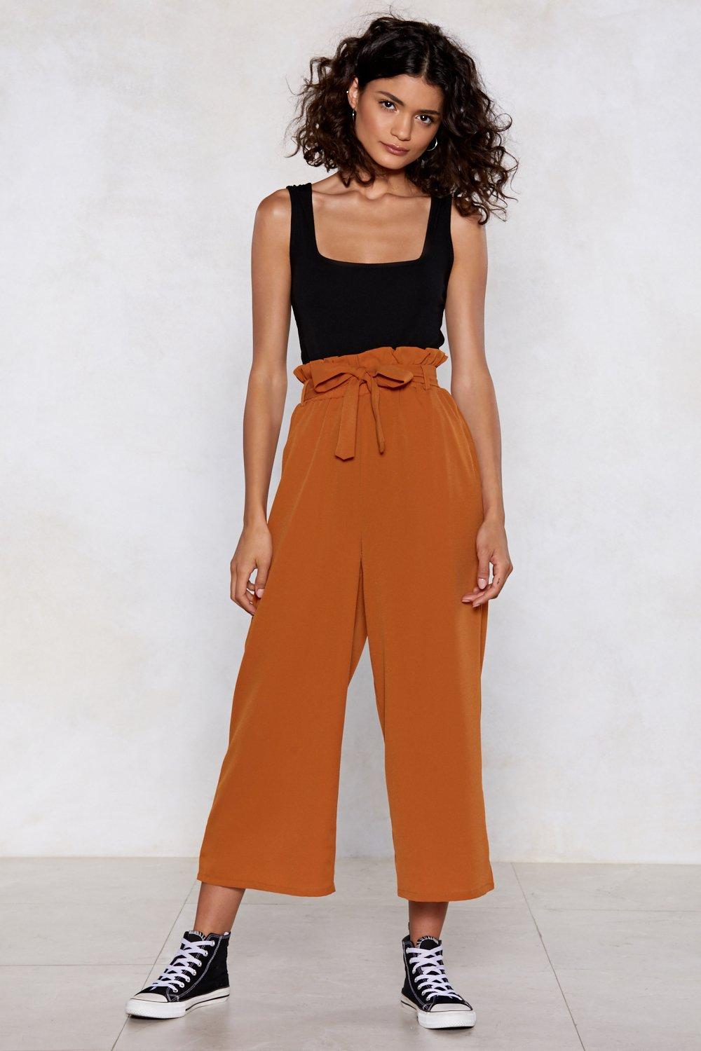 orange wide leg pants outfit