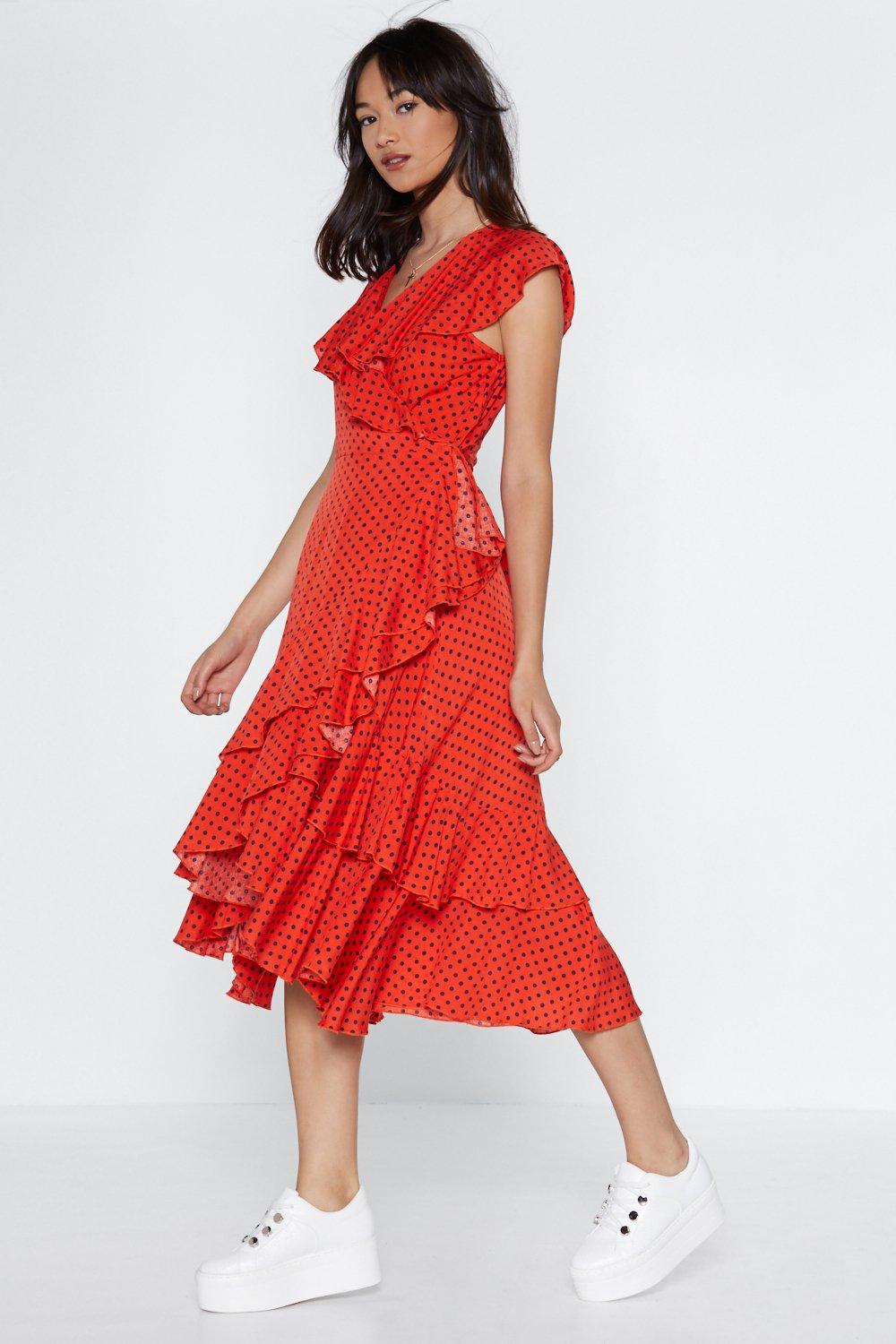 red wrap polka dot dress