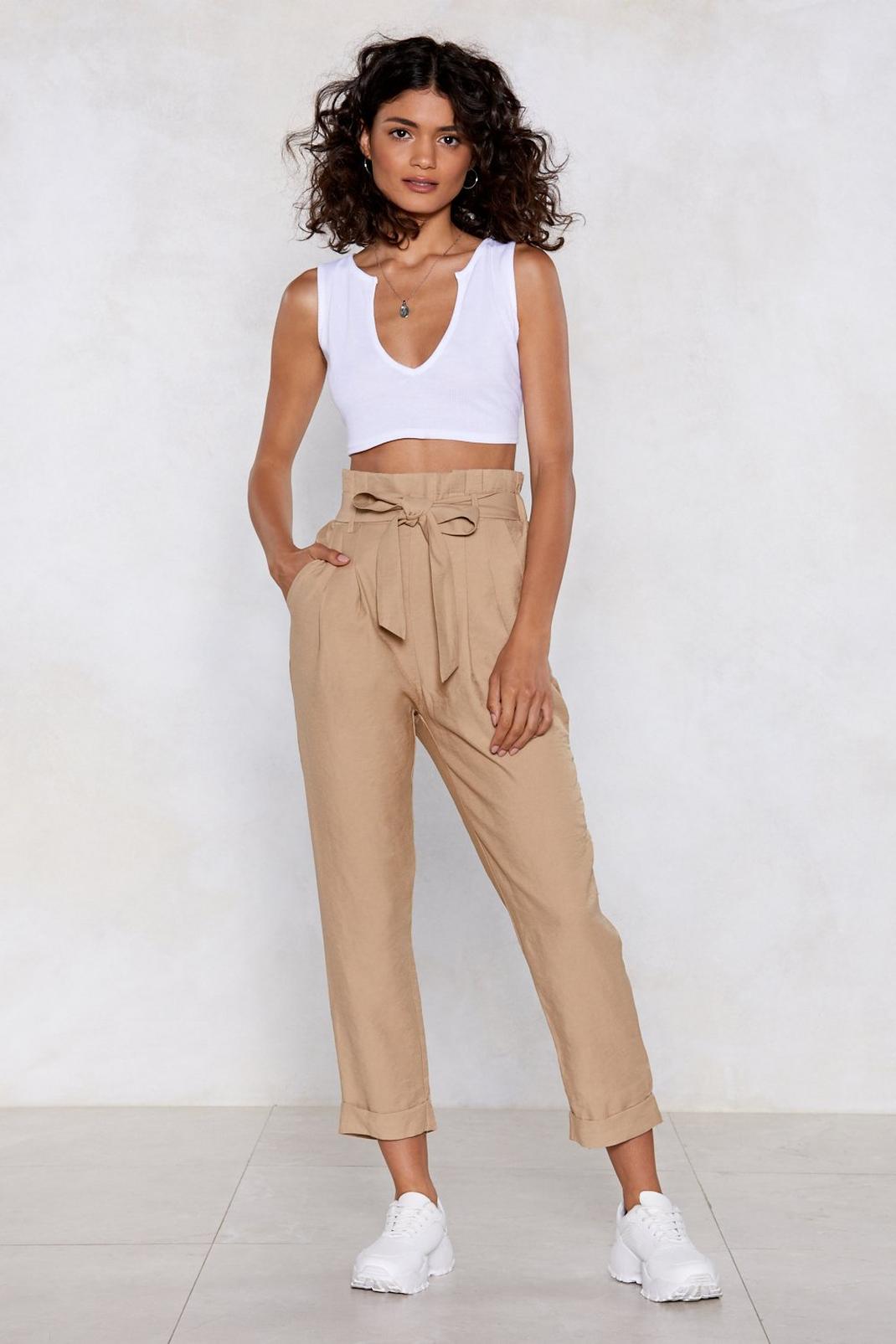 Beige Get In Linen Paperbag Trousers image number 1