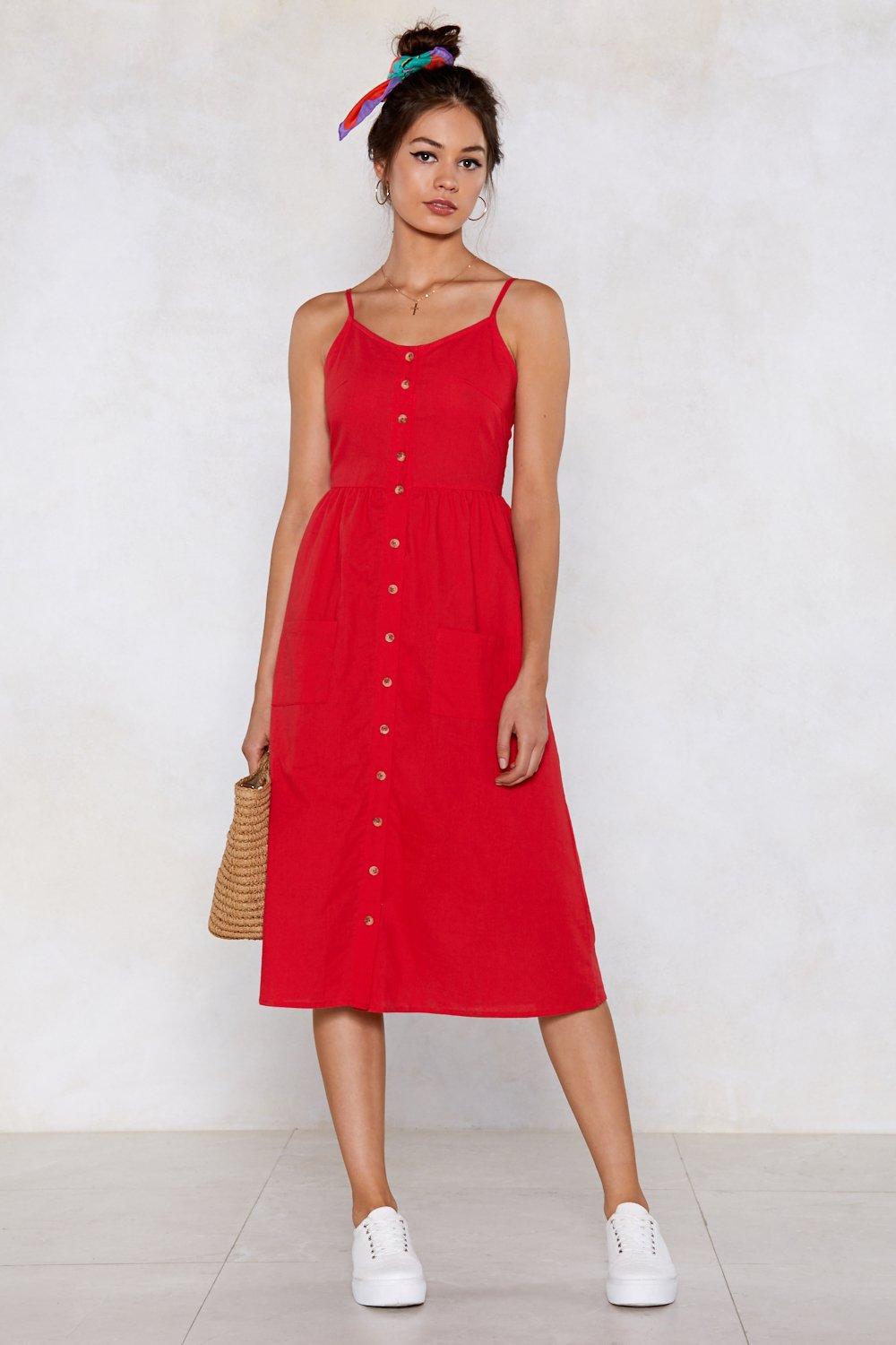 red button front dress