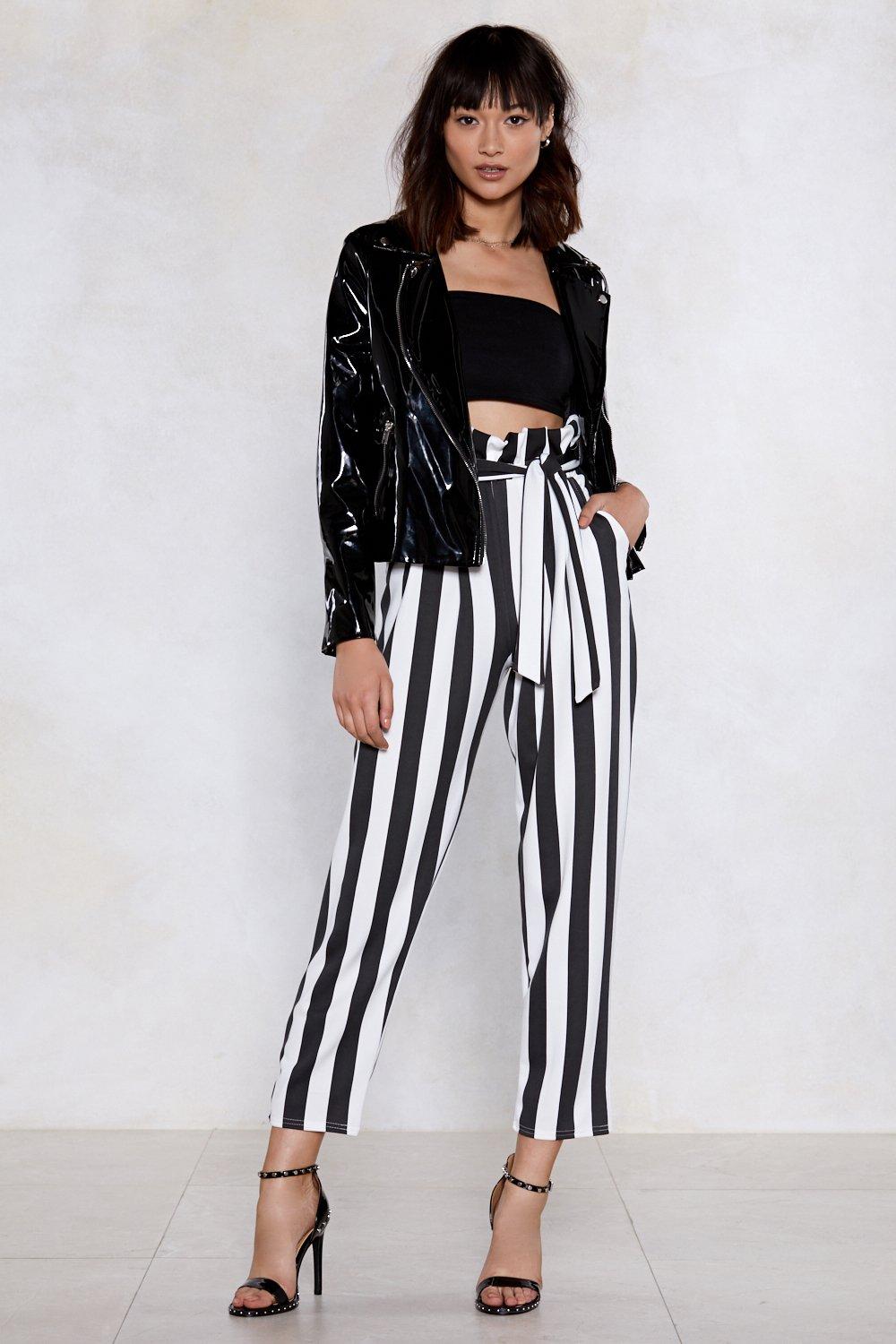 black and white striped paperbag trousers