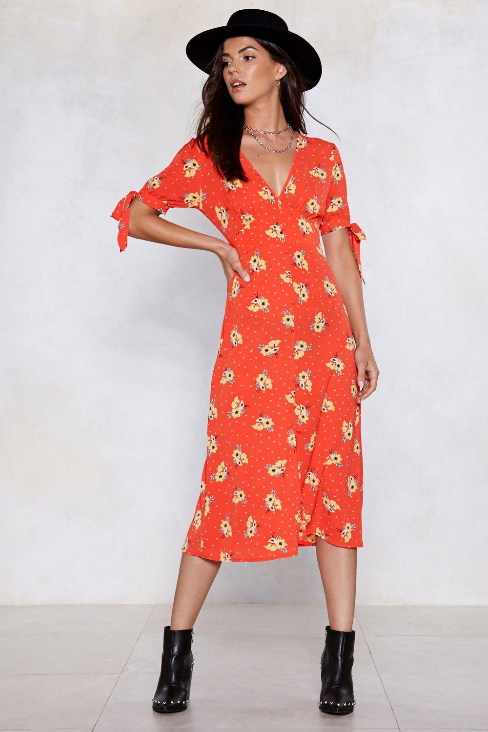 red floral midi wrap dress