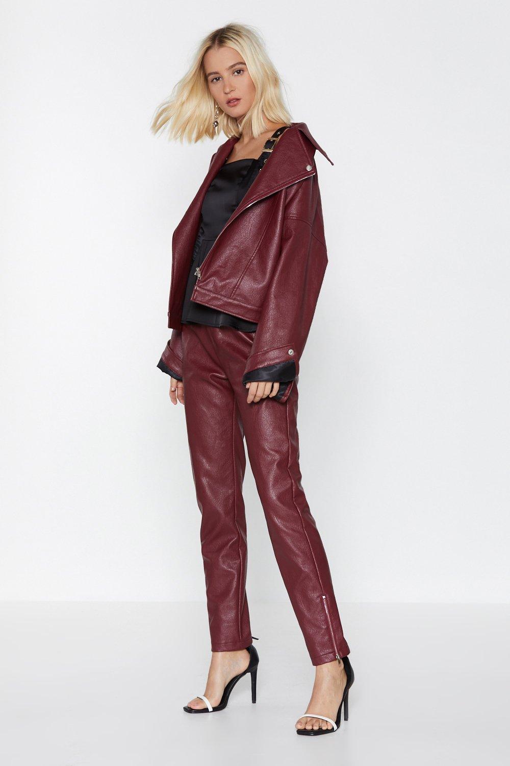 maroon leather pants