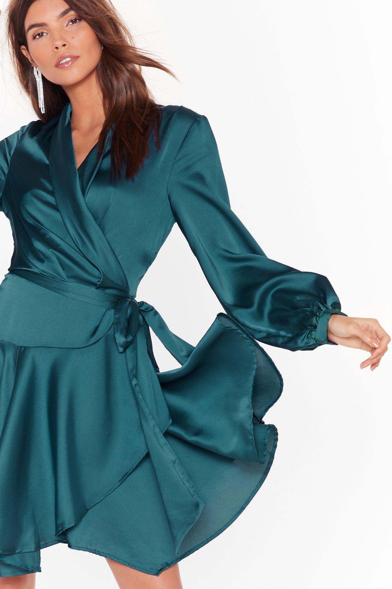 satin ruffle wrap dress