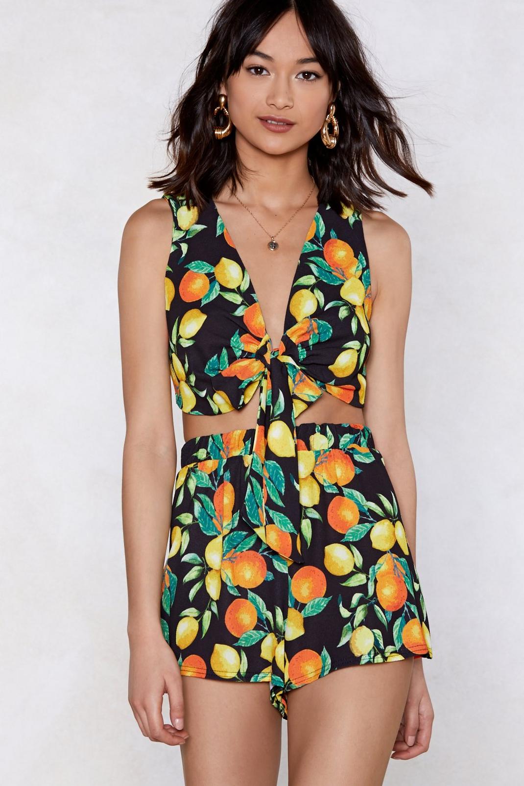 Black It Takes Two to Mango Fruit Crop Top and Shorts Set image number 1