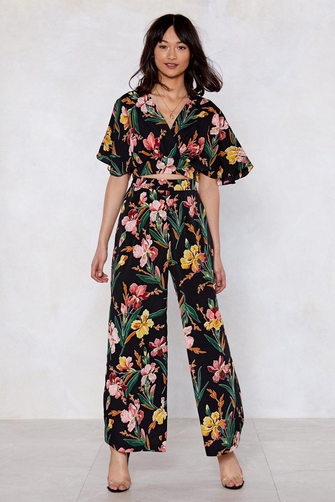 Black Leaf It Be Floral Crop Top and Trousers Set image number 1