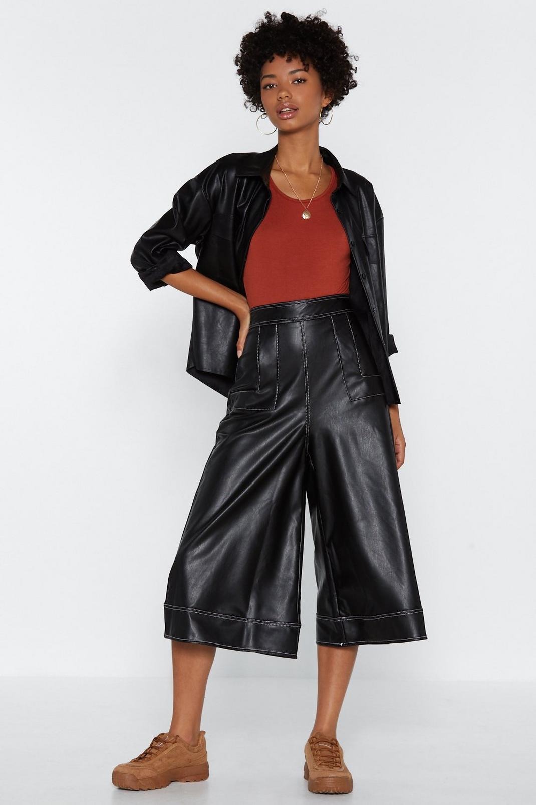 Black We Love You Faux Leather Culottes image number 1