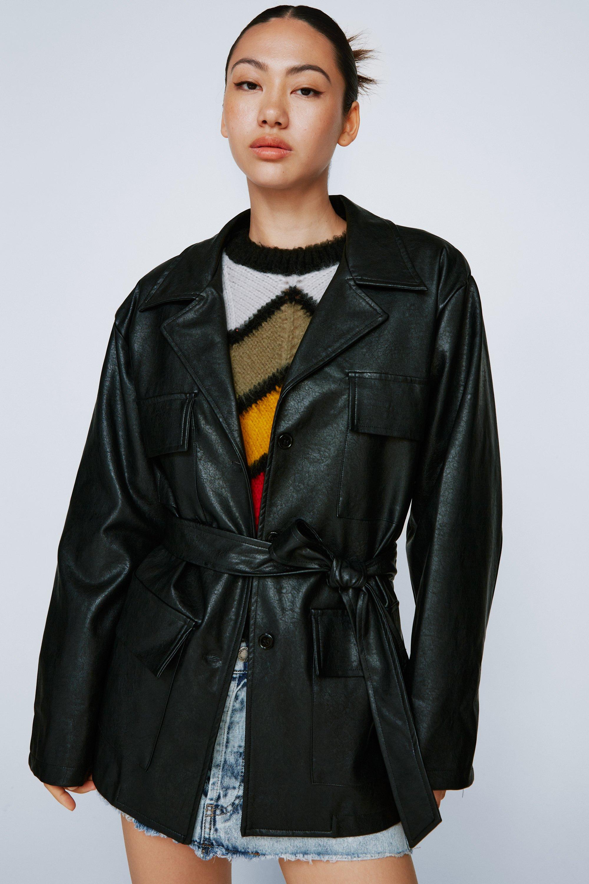 Pu leather shop belted jacket