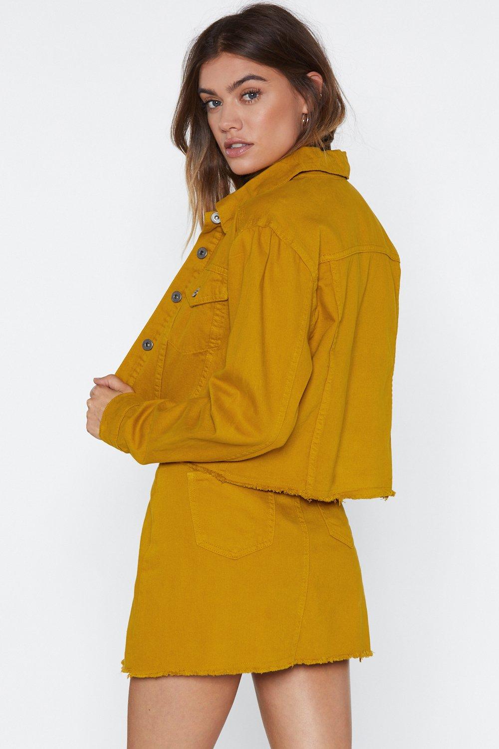 Yellow denim skirt and on sale jacket