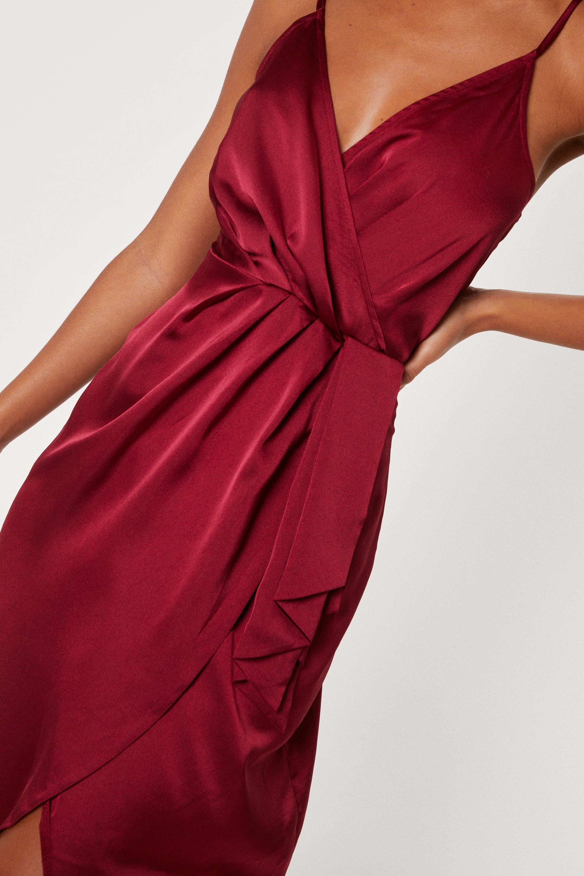 Satin Spaghetti Strap Midi Wrap Dress