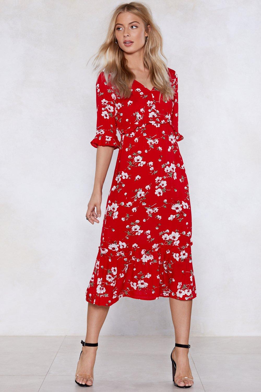 midi red floral dress