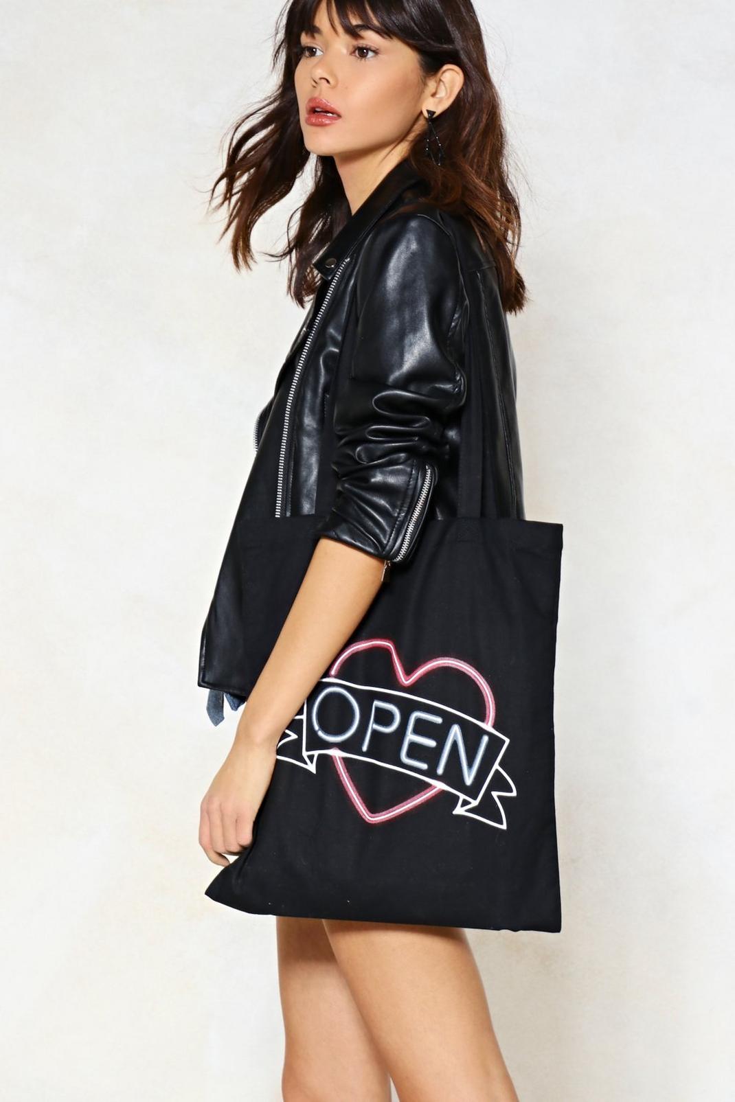 Open Up Neon Sign Tote Bag image number 1