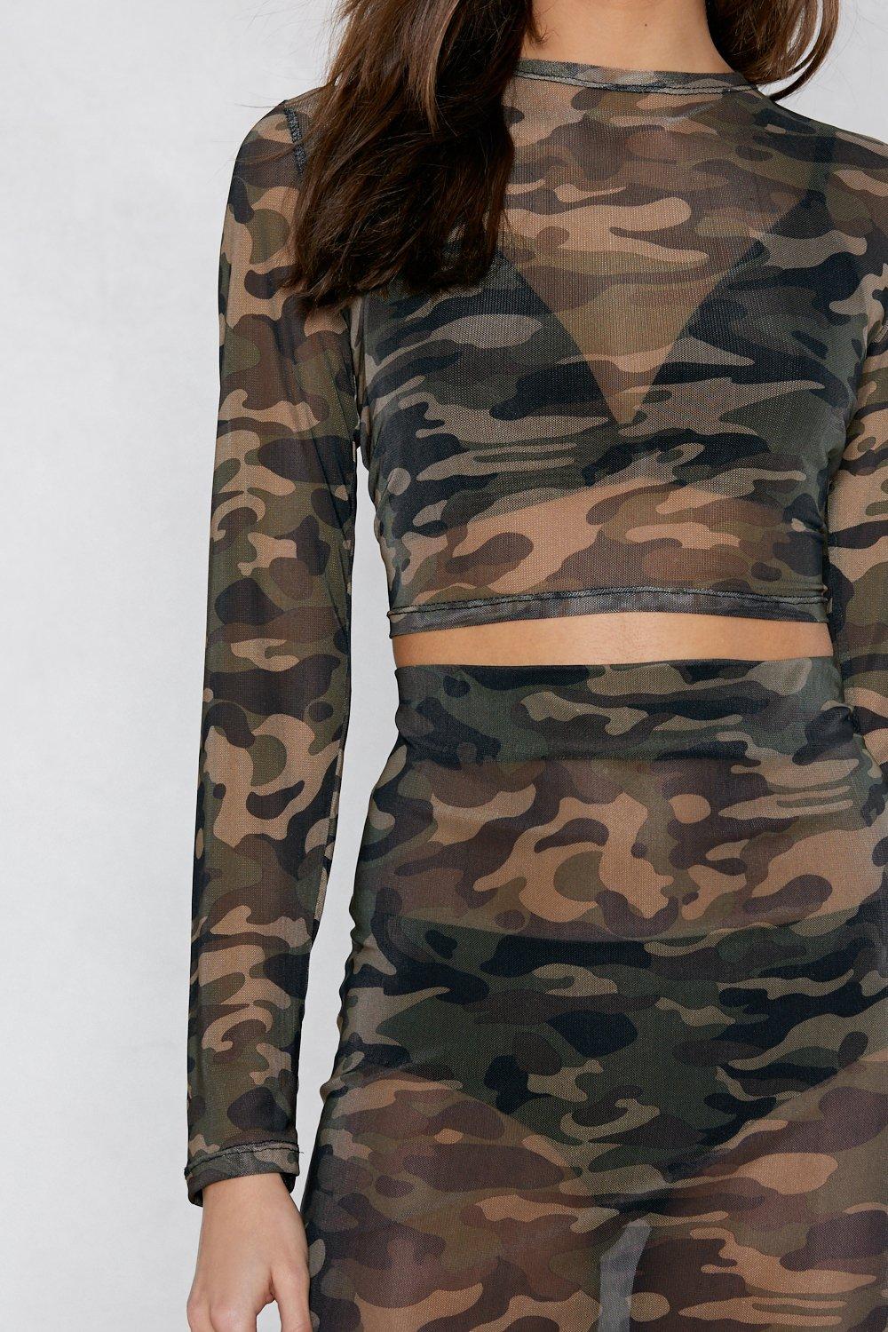 You Mesh Believe It Camo Top and Skirt Set