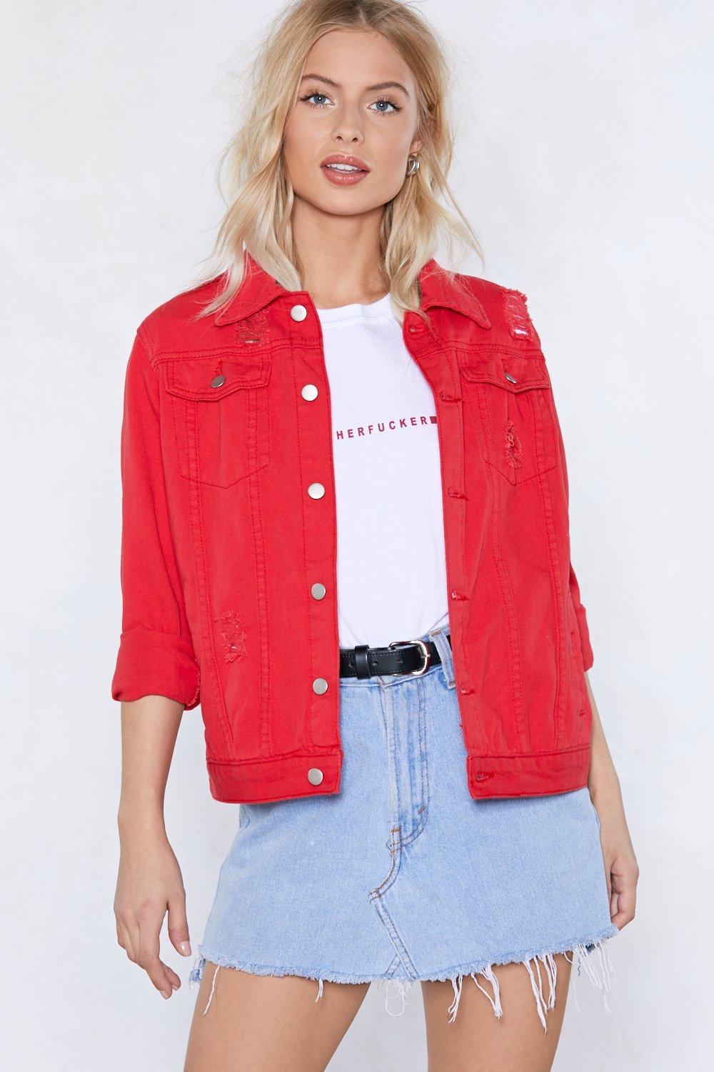 red denim outfit