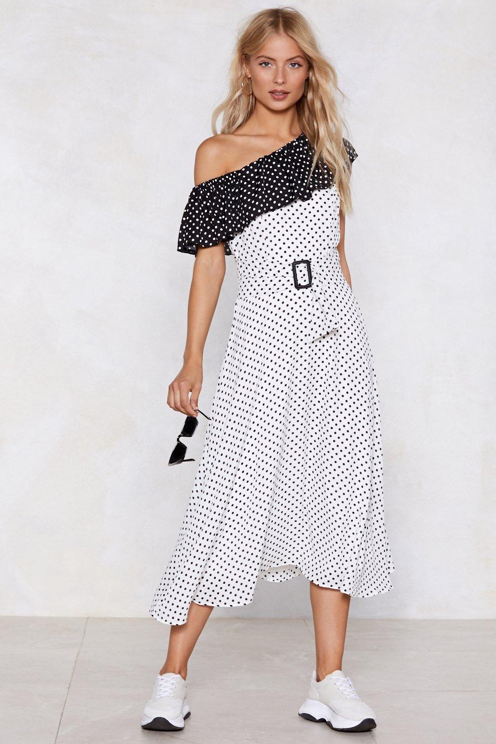 one shoulder polka dot dress