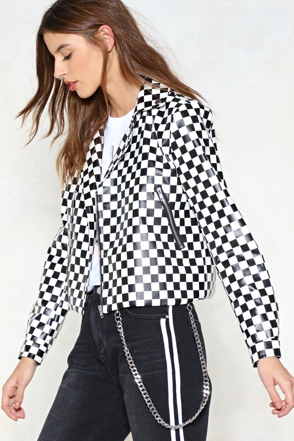 Checkered faux 2025 leather jacket