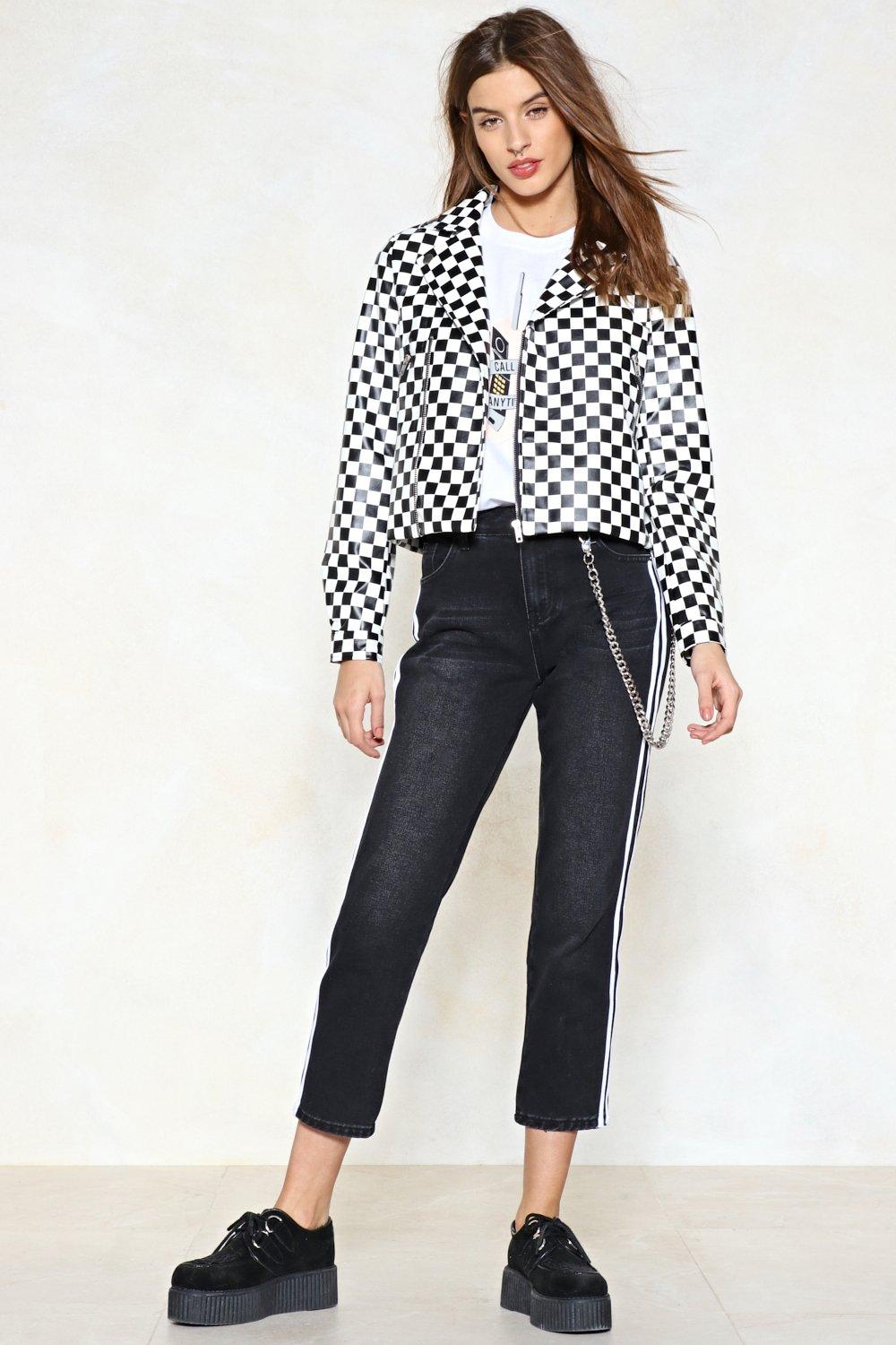 Checkered faux 2025 leather jacket