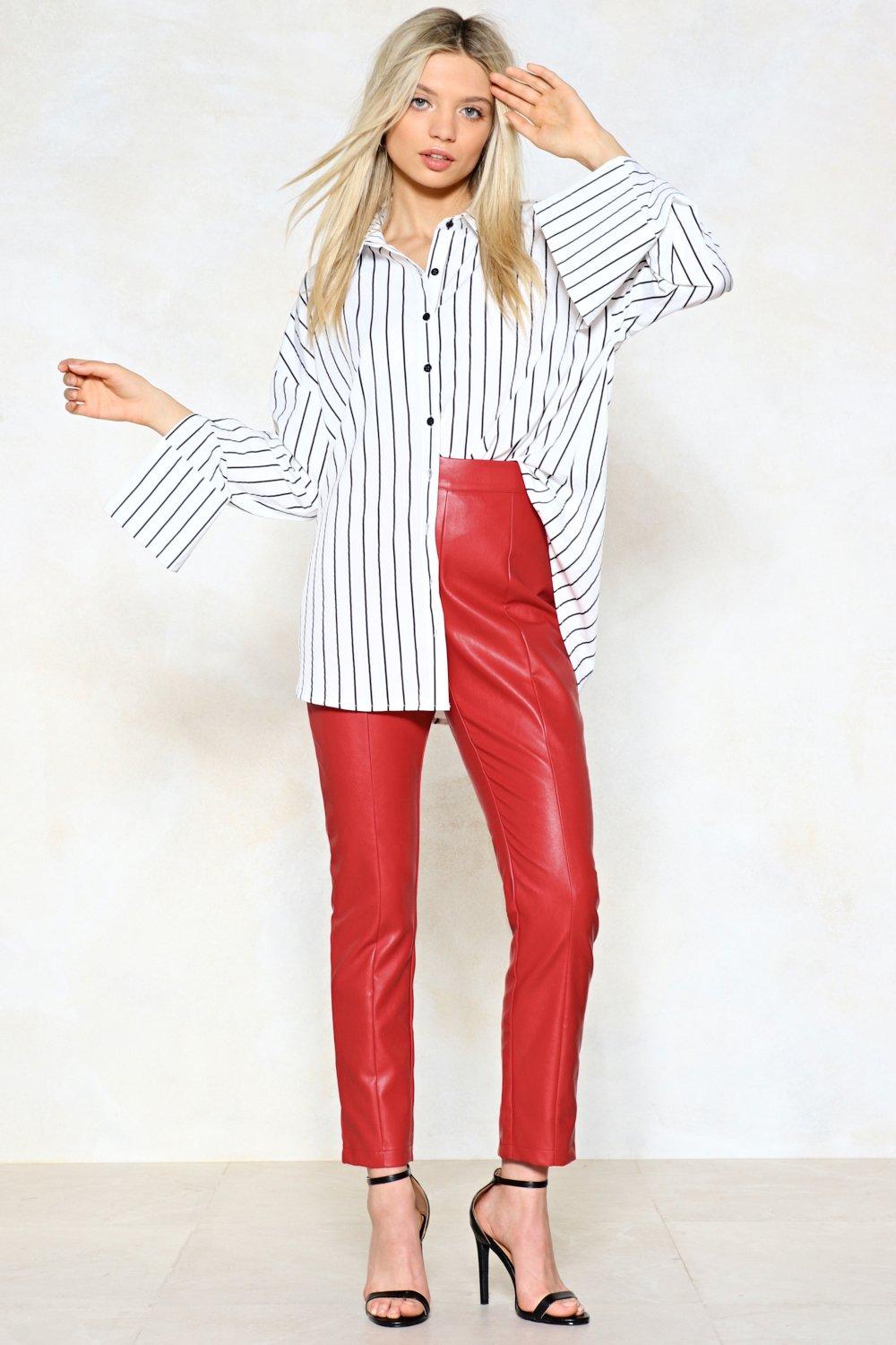 red high waisted faux leather pants