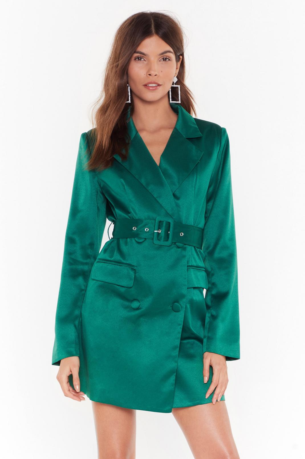 Green Satin Blazer Dress with V-Neckline image number 1