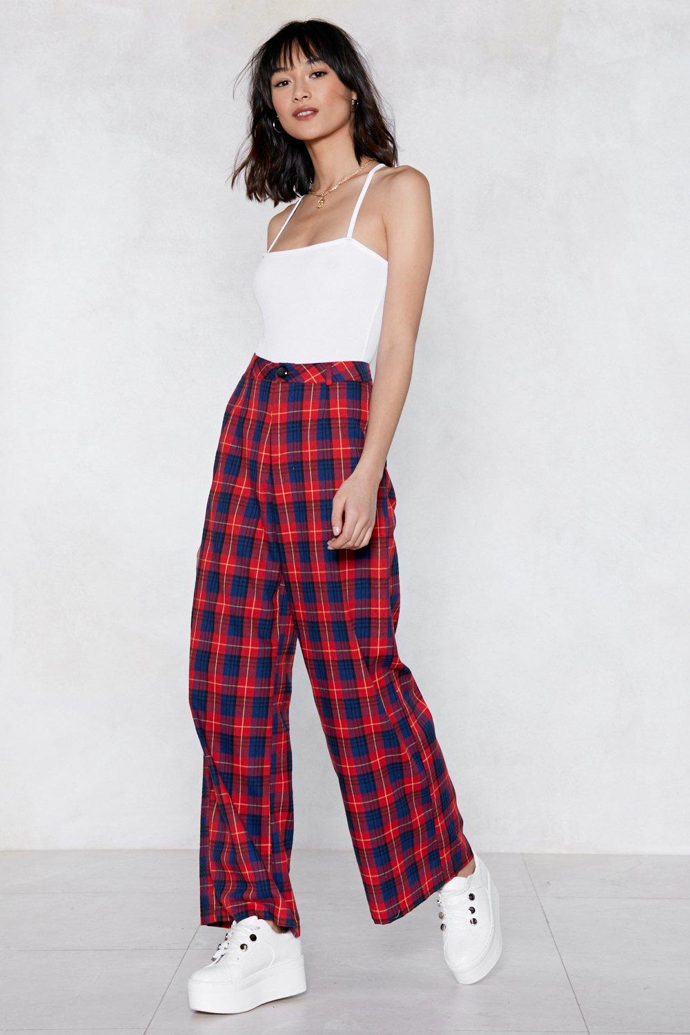 black and red check pants