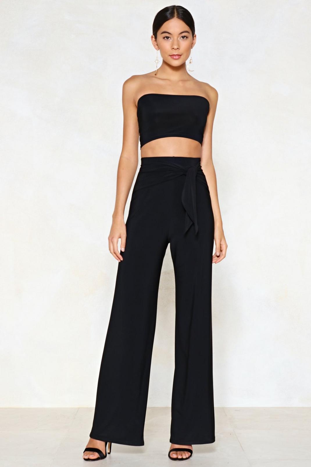 Black Tie Me Later Bandeau Top and Wide-Leg Trousers Set image number 1