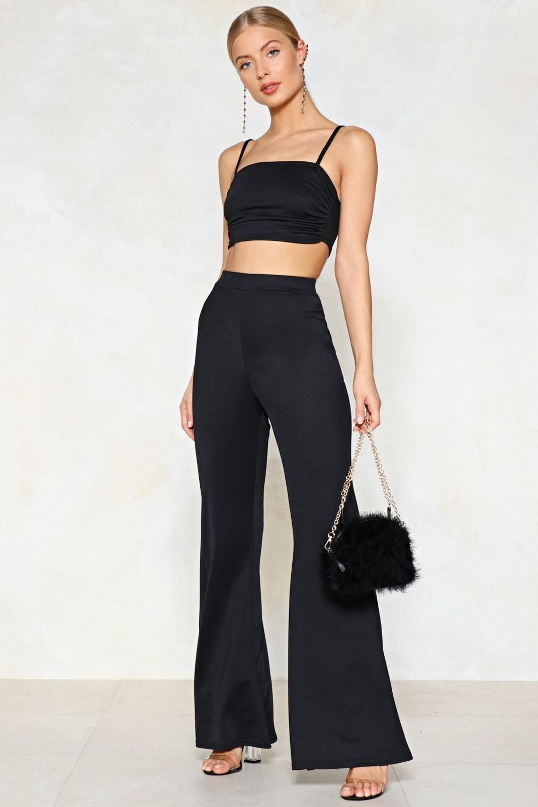 Black Take Two Pieces Crop Top and Flare Pants Set image number 1