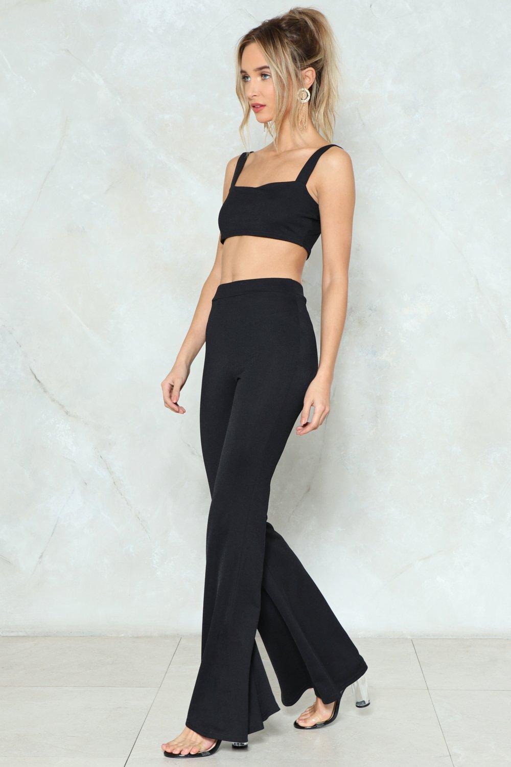 crop top and flared pants