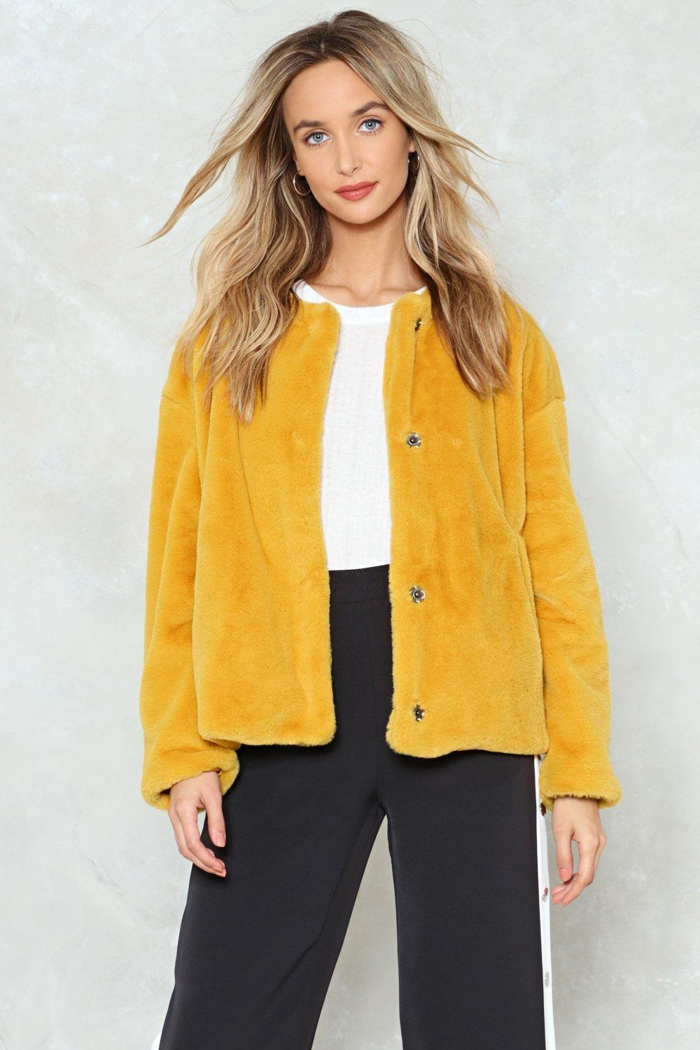 mustard yellow fur jacket
