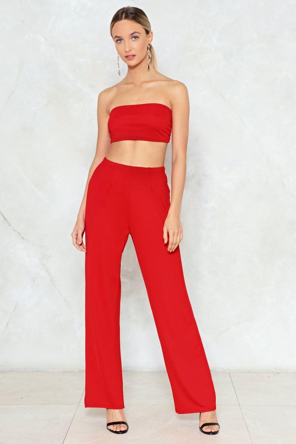 red crop top and pants set