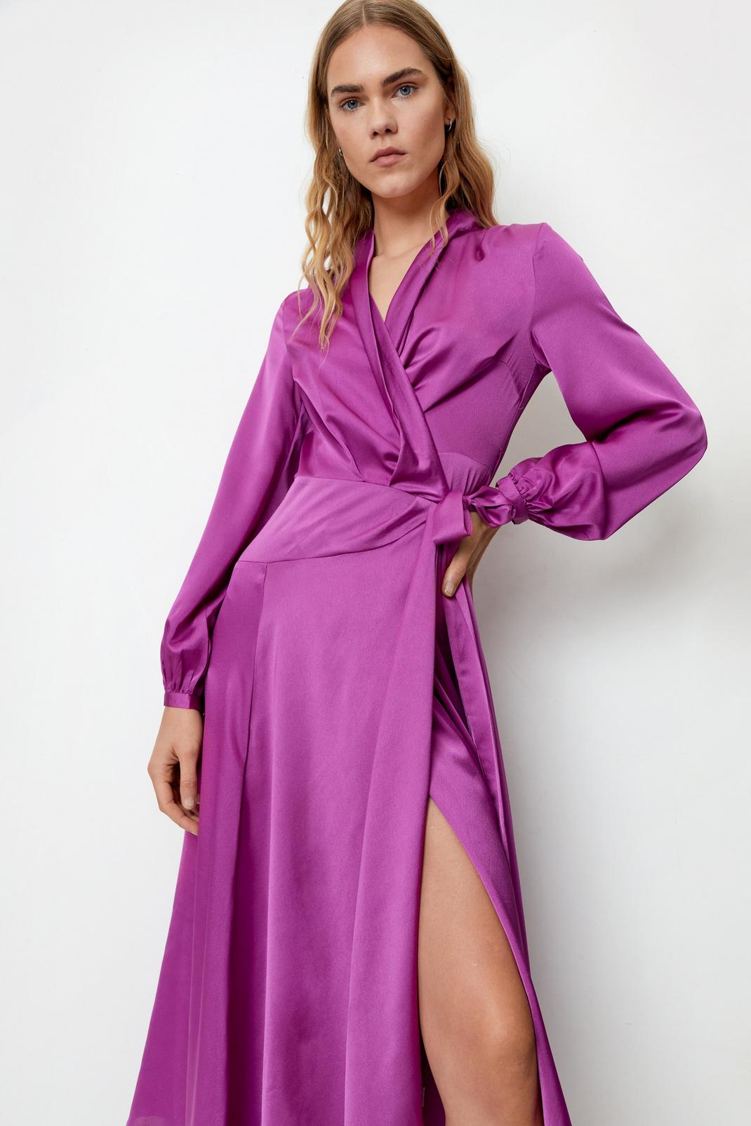 Purple Long Sleeve Wrap Satin Maxi Dress image number 1