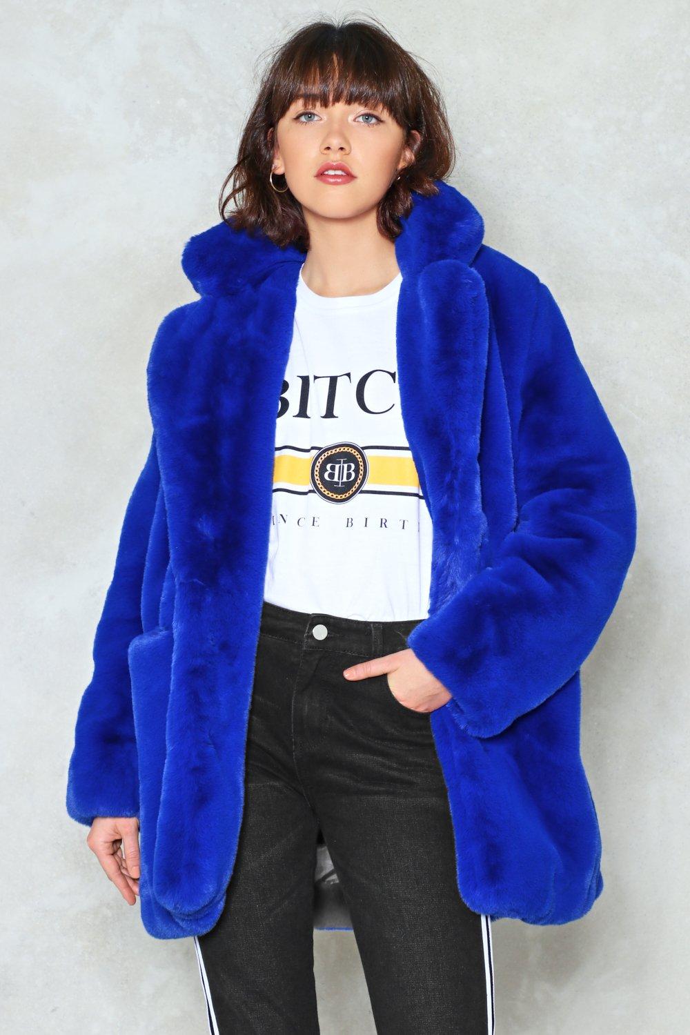 blue faux fur jacket