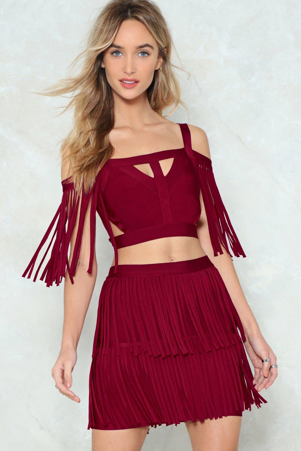 red fringe skirt set