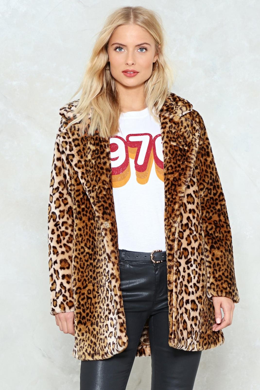 Brown And I'm Feline Good Faux Fur Leopard Coat image number 1