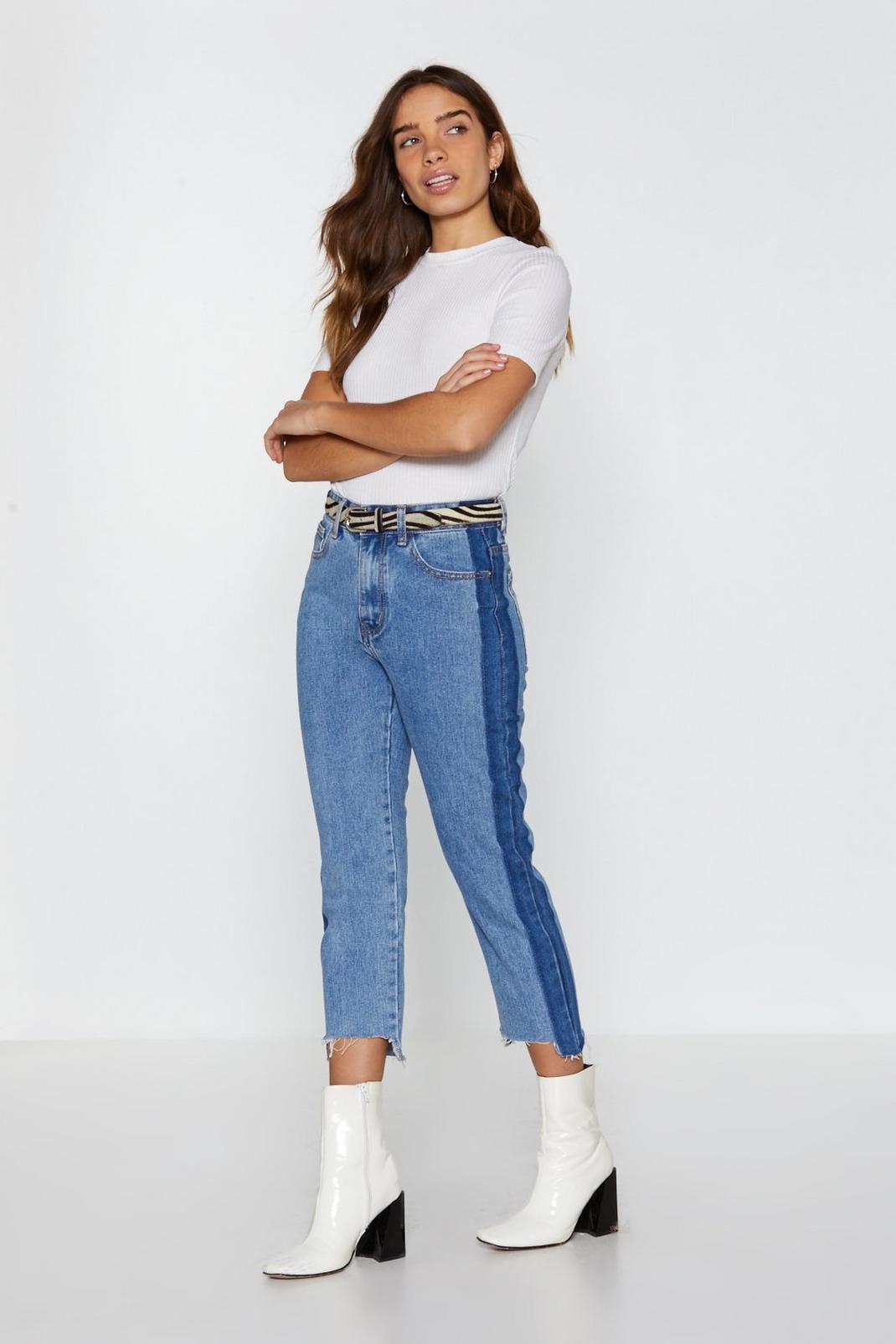 Blue Two Tone Cropped Mom Jeans image number 1
