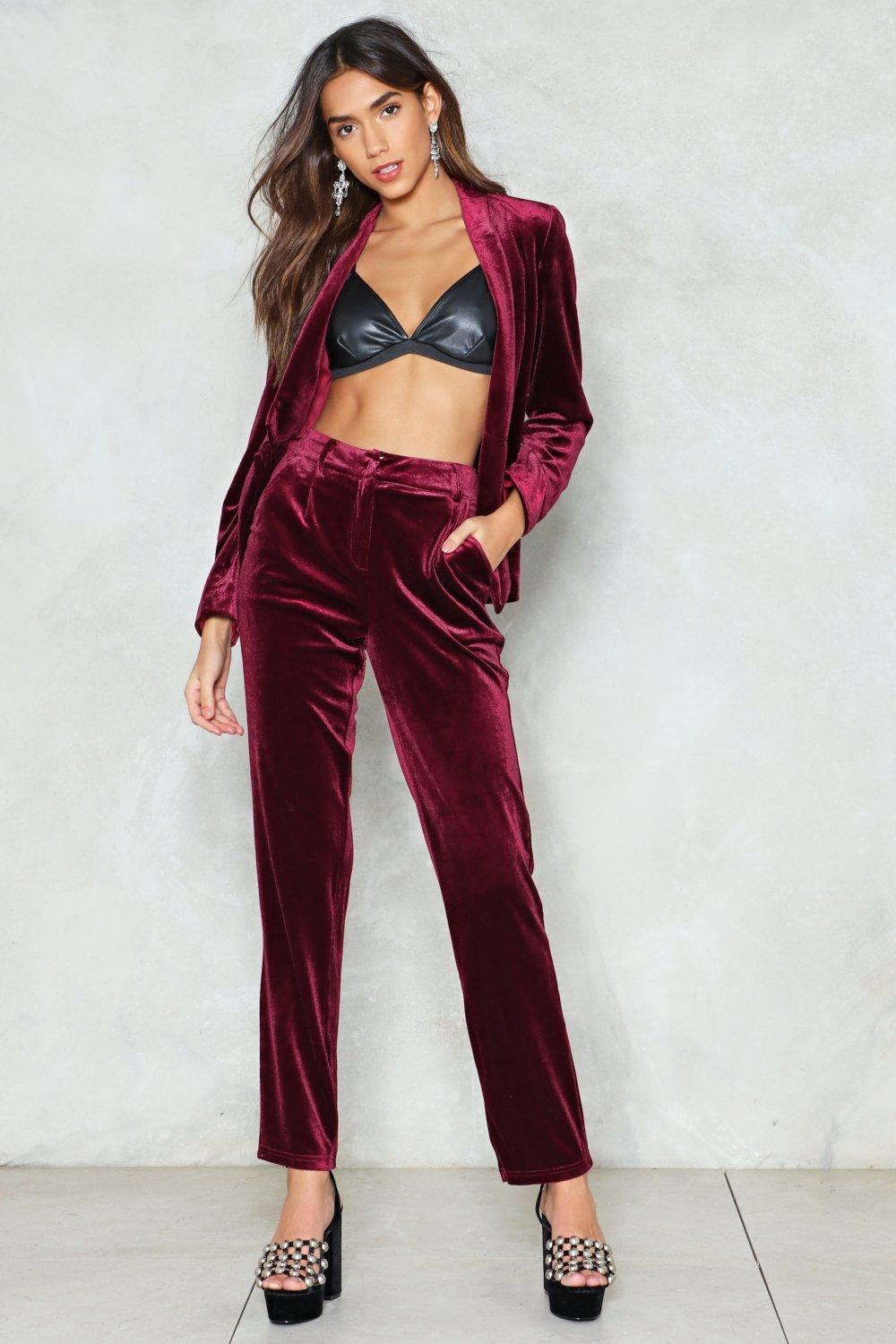 maroon velvet pants