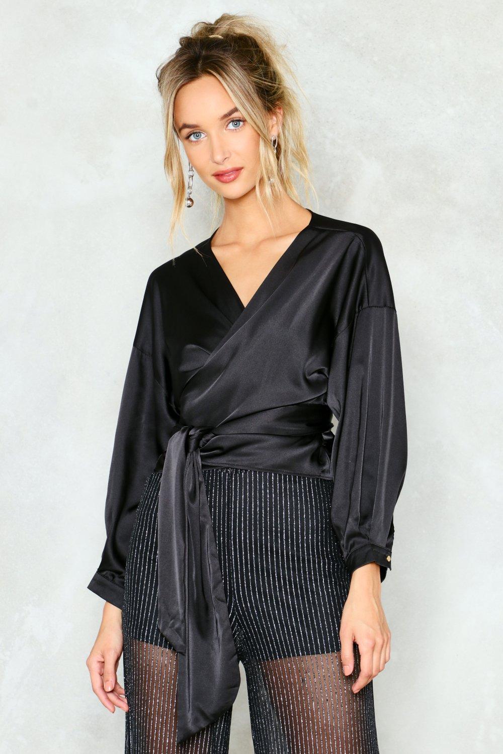 black satin wrap blouse