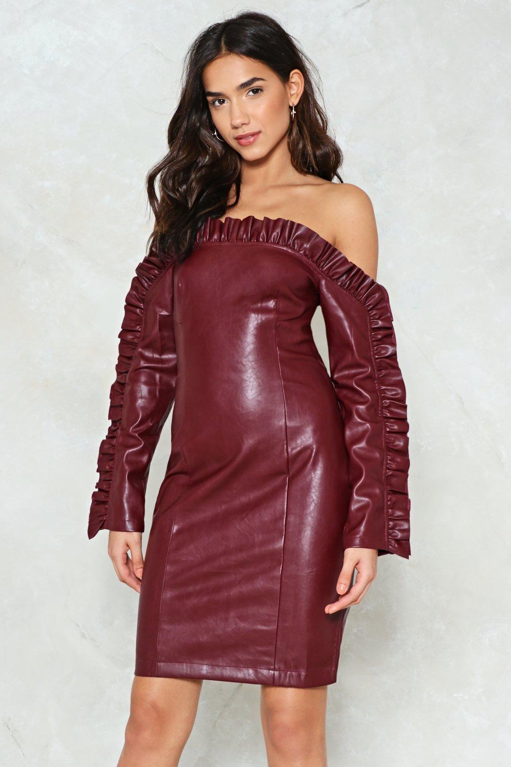 leather off shoulder dress