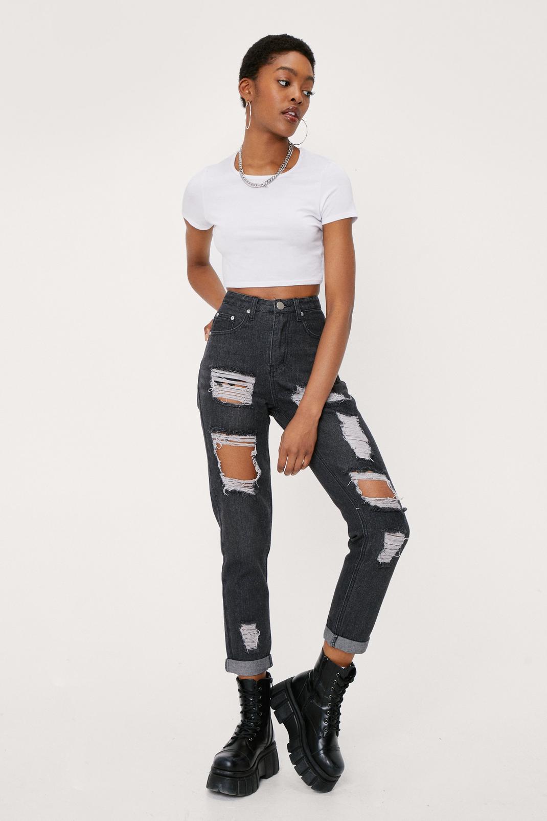 Black Distressed High Waisted Mom Jeans image number 1