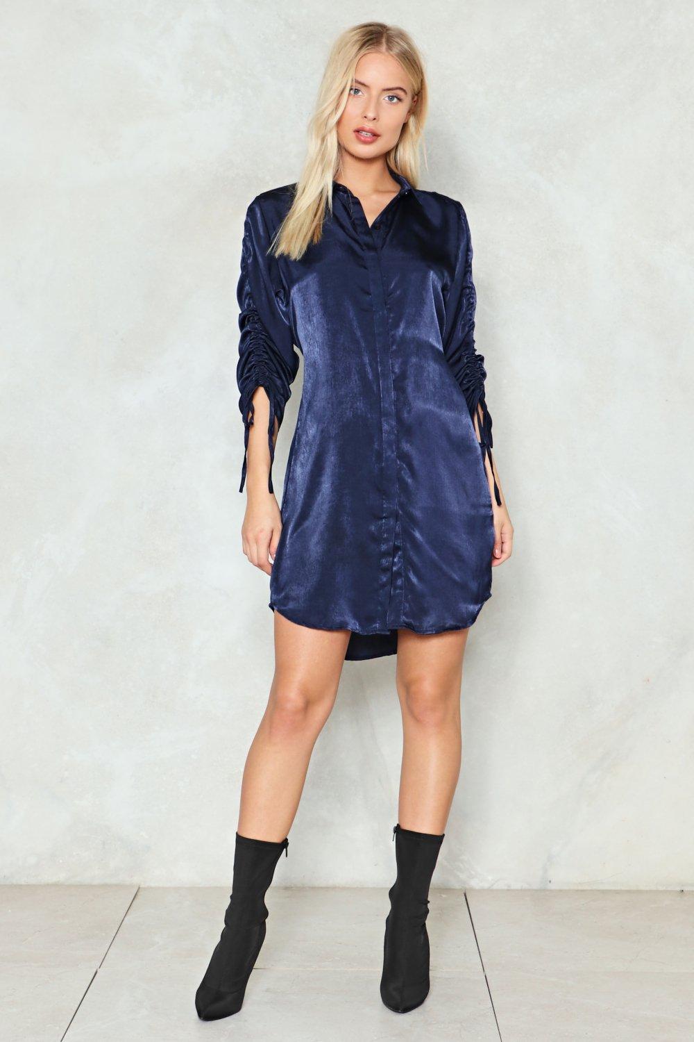 blue satin shirt dress