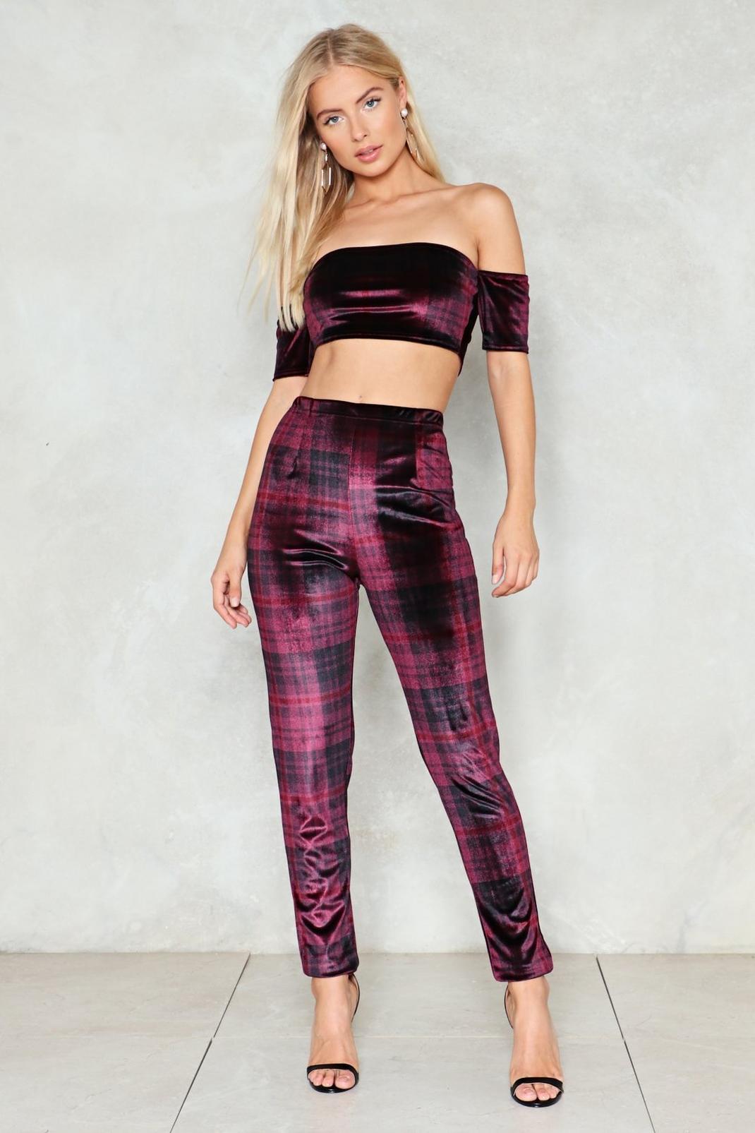Plaid About You Velvet Top and Pants Set image number 1