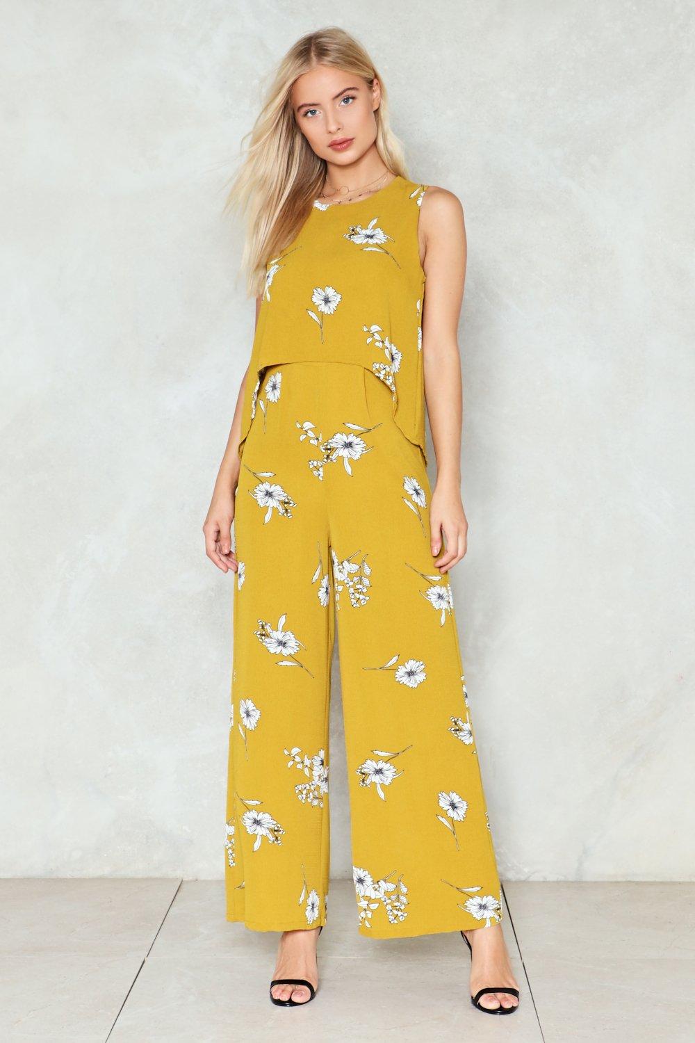 yellow jumpsuit with flowers