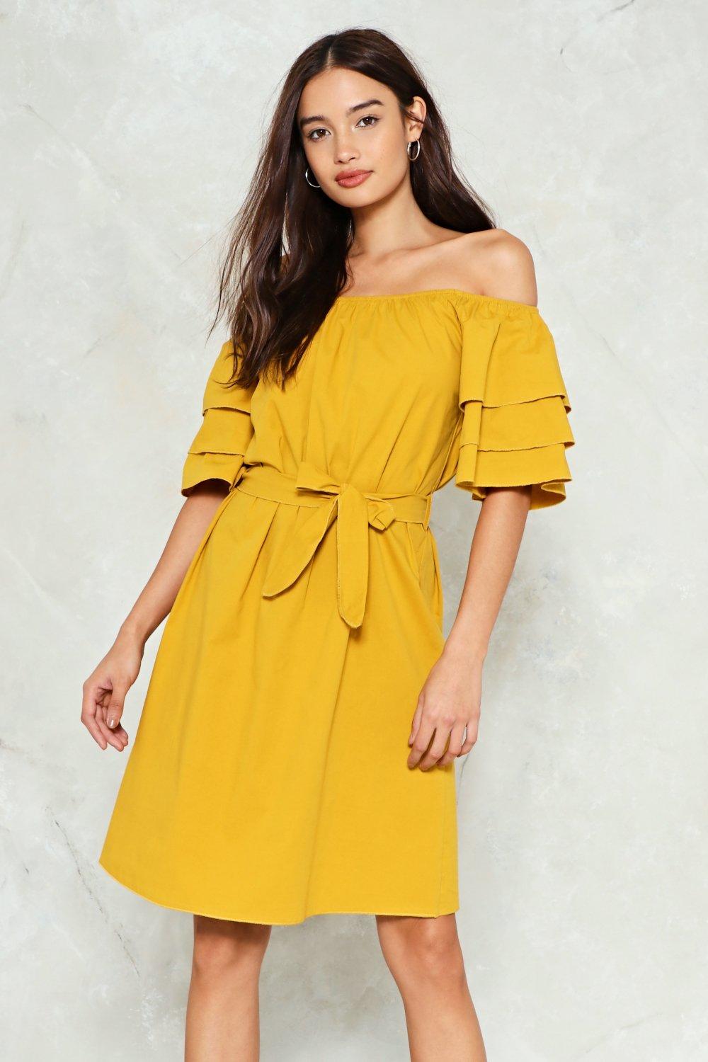 off the shoulder mustard yellow dress