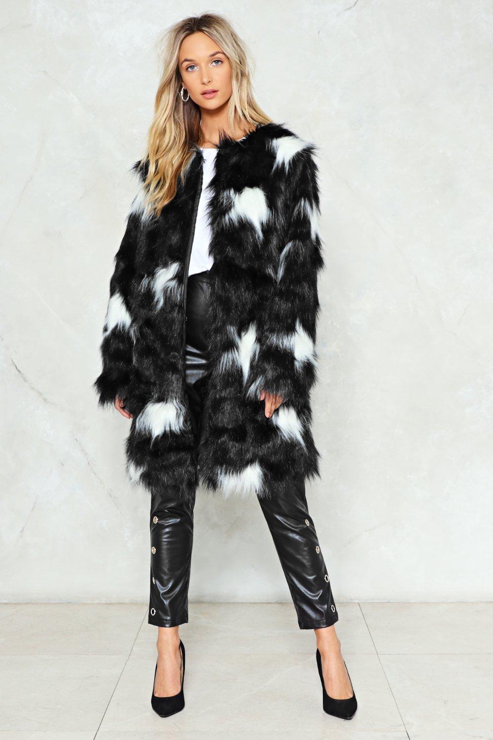 black and white faux fur coat