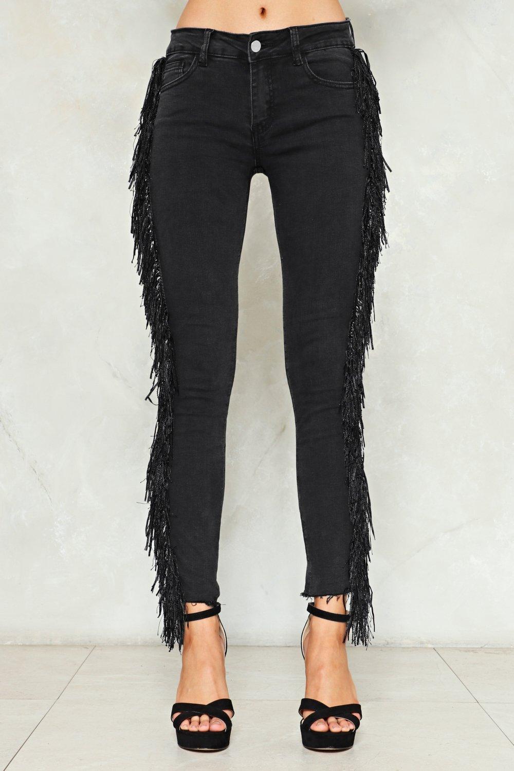 Black jeans with fringe on hot sale the side