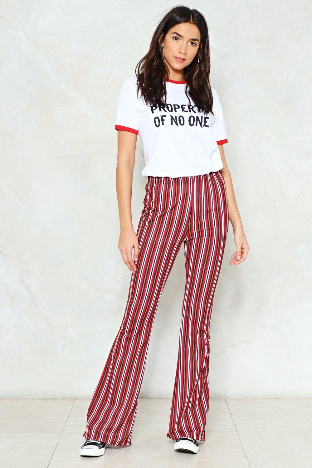 burgundy and white striped pants