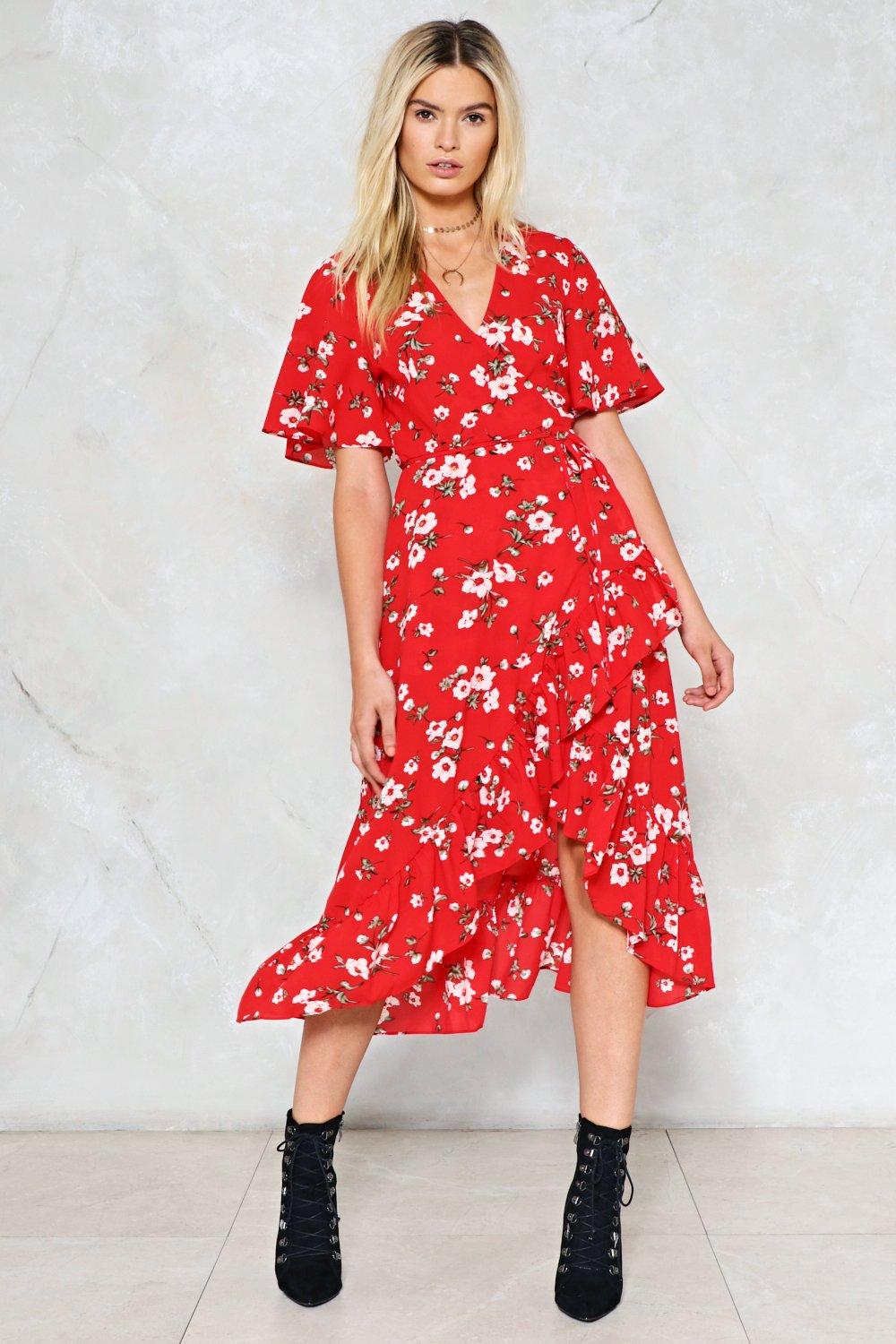 long sleeve red floral dress